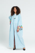 sky blue linen kaftan egyptian hand-embroidery hand amde gift egypt